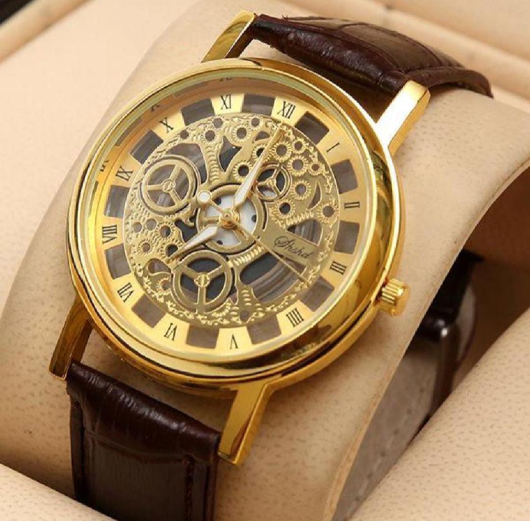 Stylish Leather Watch with Gold-Tone Stainless Dial & Brown Strap Without Box