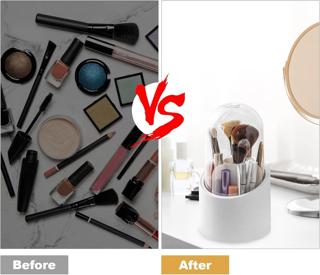 360° Rotating Makeup Brush Organizer | Elegant Makeup Brush Holder with Clear Dome Cover – Dustproof Cosmetic Organizer