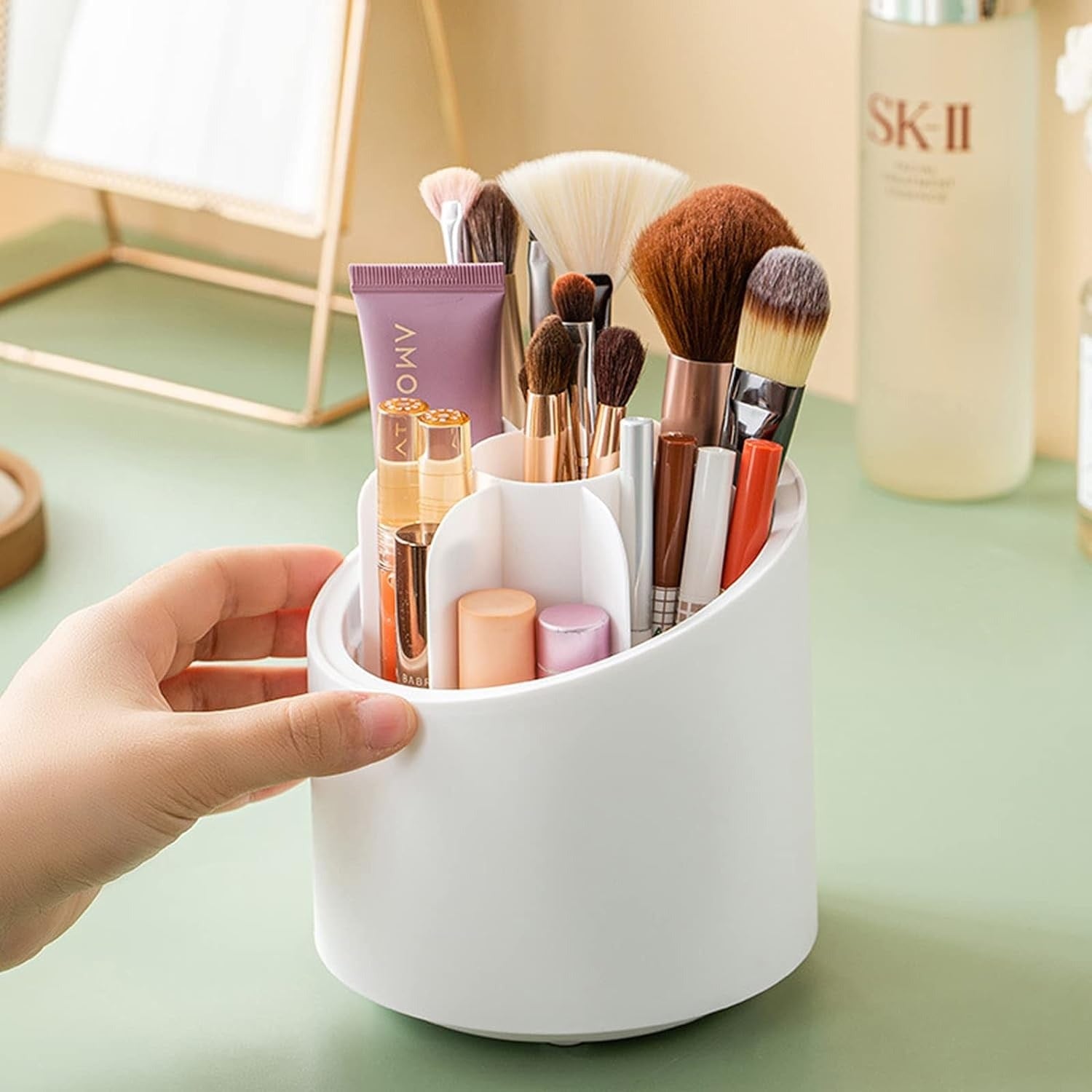 360° Rotating Makeup Brush Organizer | Elegant Makeup Brush Holder with Clear Dome Cover – Dustproof Cosmetic Organizer