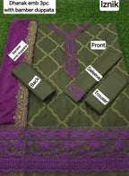 Dhanak: Exquisite 3 Pcs Embroidered Suit Set in Green | Crafted Fabric