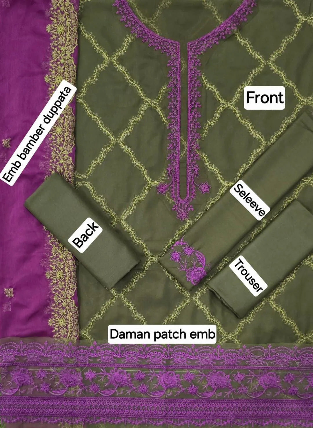 Dhanak: Exquisite 3 Pcs Embroidered Suit Set in Green | Crafted Fabric