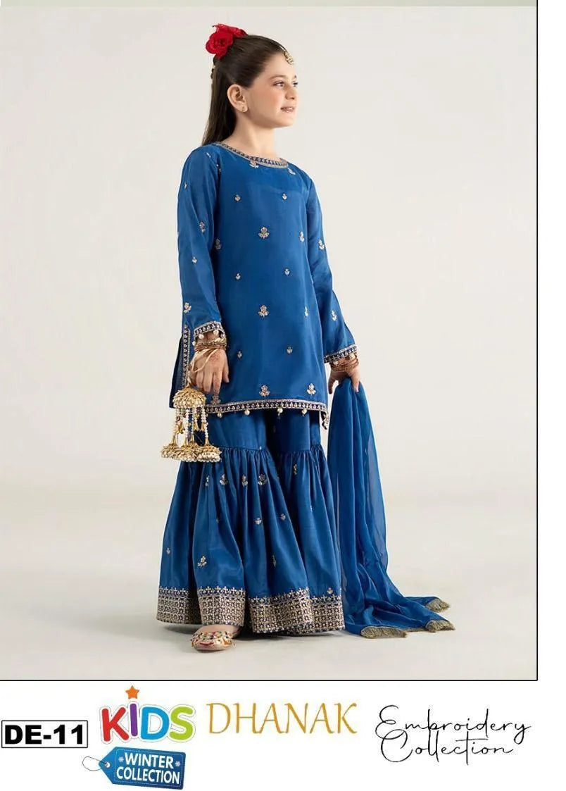 Dhanak: 3 Pcs Girl's Embroidered Unstitched Suit