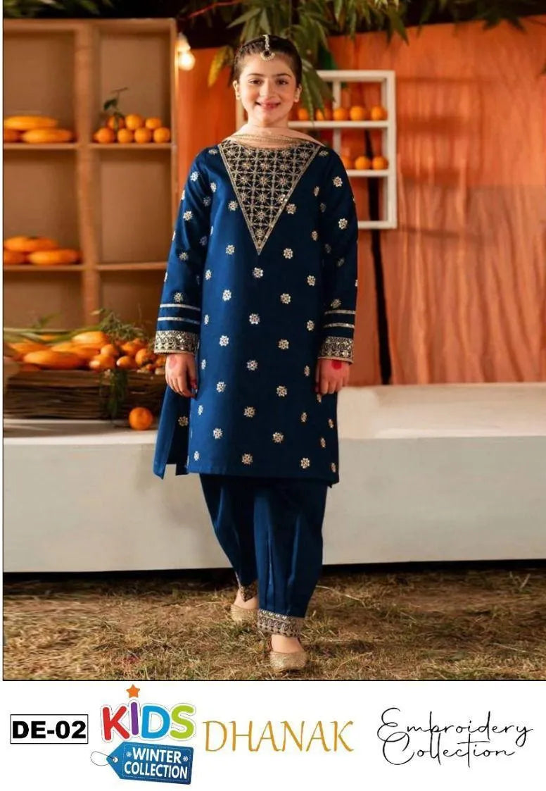 Dhanak: 3 Pcs Girl's Embroidered Unstitched Suit