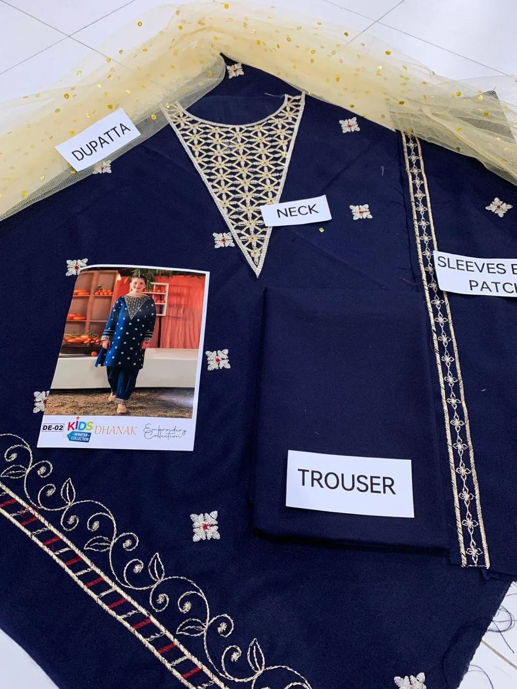 Dhanak: 3 Pcs Girl's Embroidered Unstitched Suit