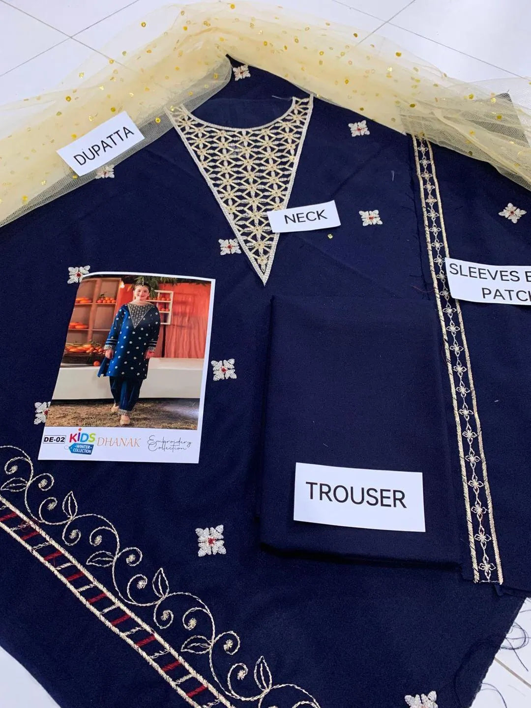 Dhanak: 3 Pcs Girl's Embroidered Unstitched Suit