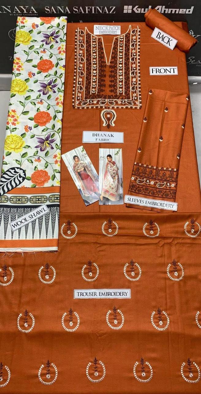 Dhanak: 3 Pcs Women's Unstitched Embroidered Suit