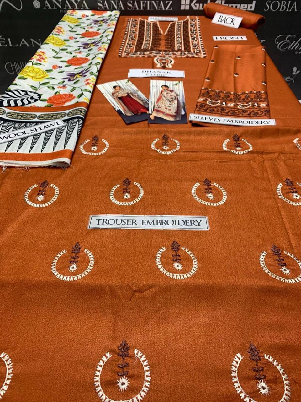 Dhanak: 3 Pcs Women's Unstitched Embroidered Suit