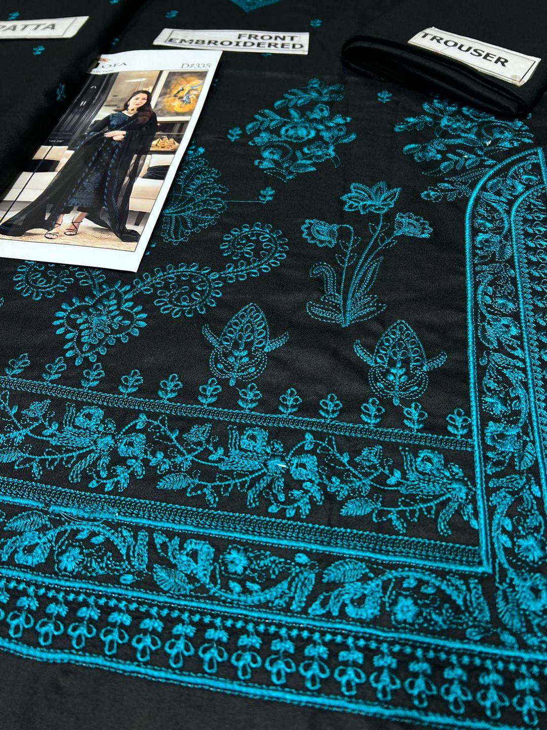 Dhanak: Black Embroidered Suit Set - 3 Pcs with Dupatta