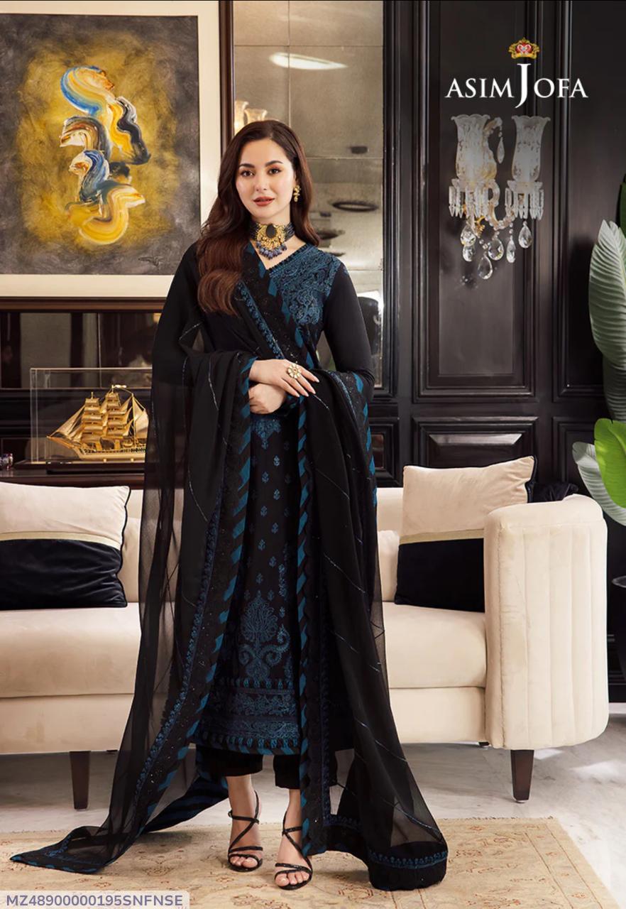 Dhanak: Black Embroidered Suit Set - 3 Pcs with Dupatta