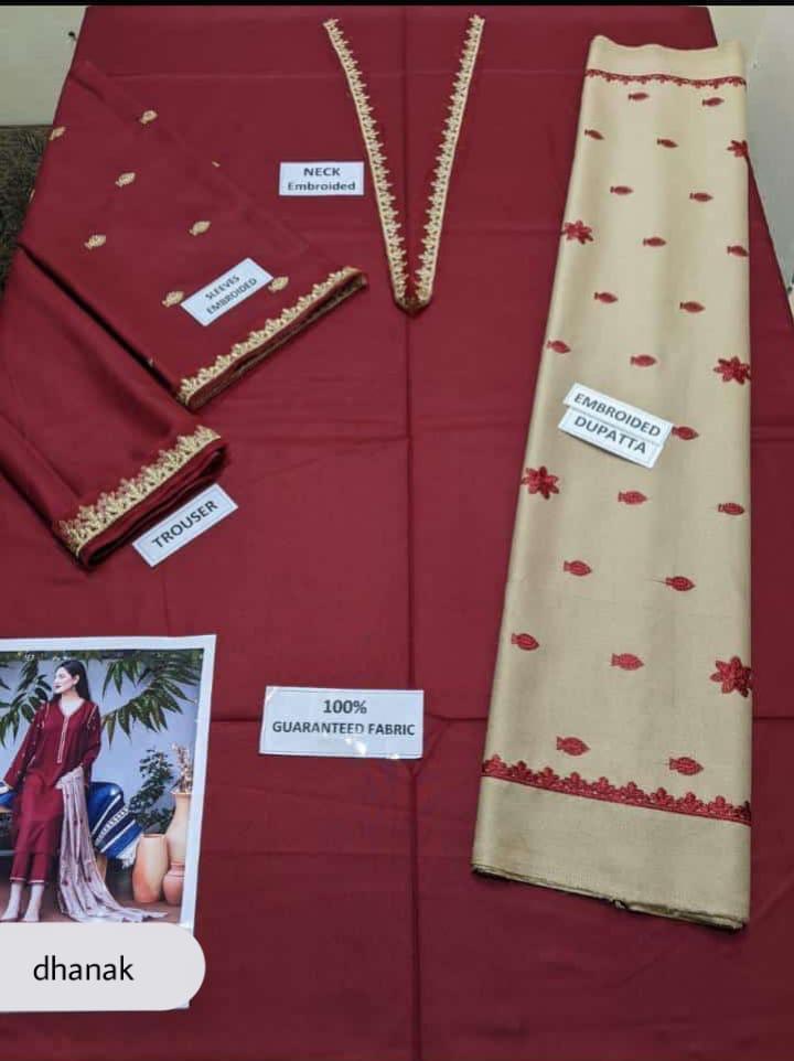 Dhanak: 3 Pcs Women's Unstitched Embroidered Suit